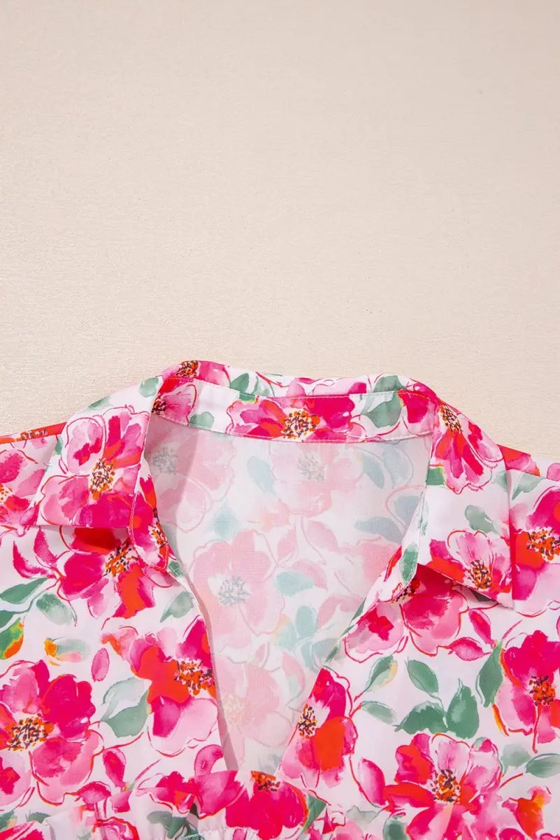 Pink Floral Boxy Fit Ruffled Short Sleeve V Neck Blouse - Love Salve